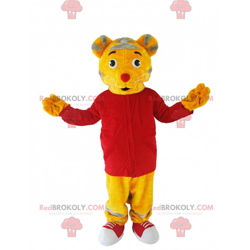 Mascote tigre amarelo com uma camisa vermelha - Redbrokoly.com