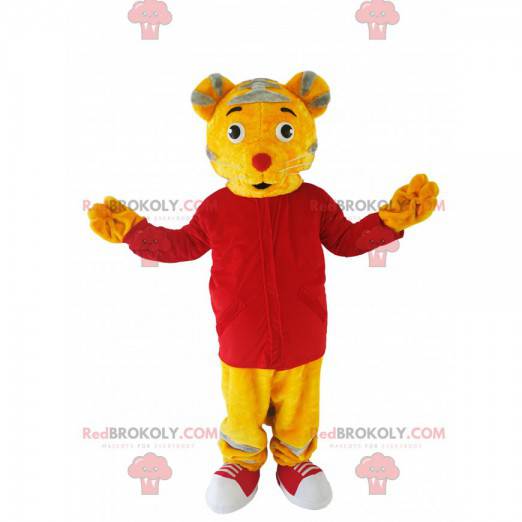Mascotte tigro giallo con una maglia rossa - Redbrokoly.com