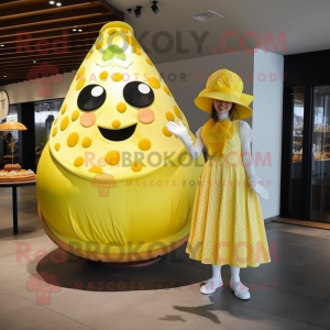 Lemon Yellow Pizza mascot costume character dressed with a Ball Gown and Berets