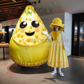 Lemon Yellow Pizza mascot costume character dressed with a Ball Gown and Berets