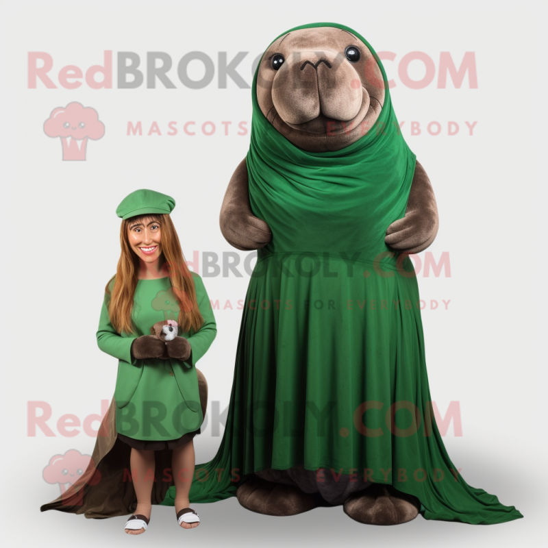 Forest Green Walrus mascot costume character dressed with a Skirt and Scarves Forest Green Walrus mascot costume character dressed with a Skirt and Scarves