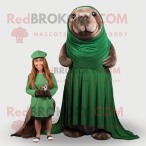 Forest Green Walrus mascot costume character dressed with a Skirt and Scarves