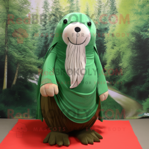 Forest Green Walrus mascot costume character dressed with a Skirt and Scarves