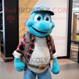 Sky Blue Turtle mascot costume character dressed with a Flannel Shirt and Headbands
