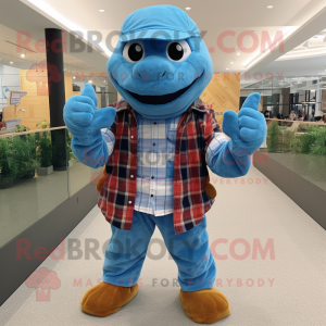 Sky Blue Turtle mascot costume character dressed with a Flannel Shirt and Headbands