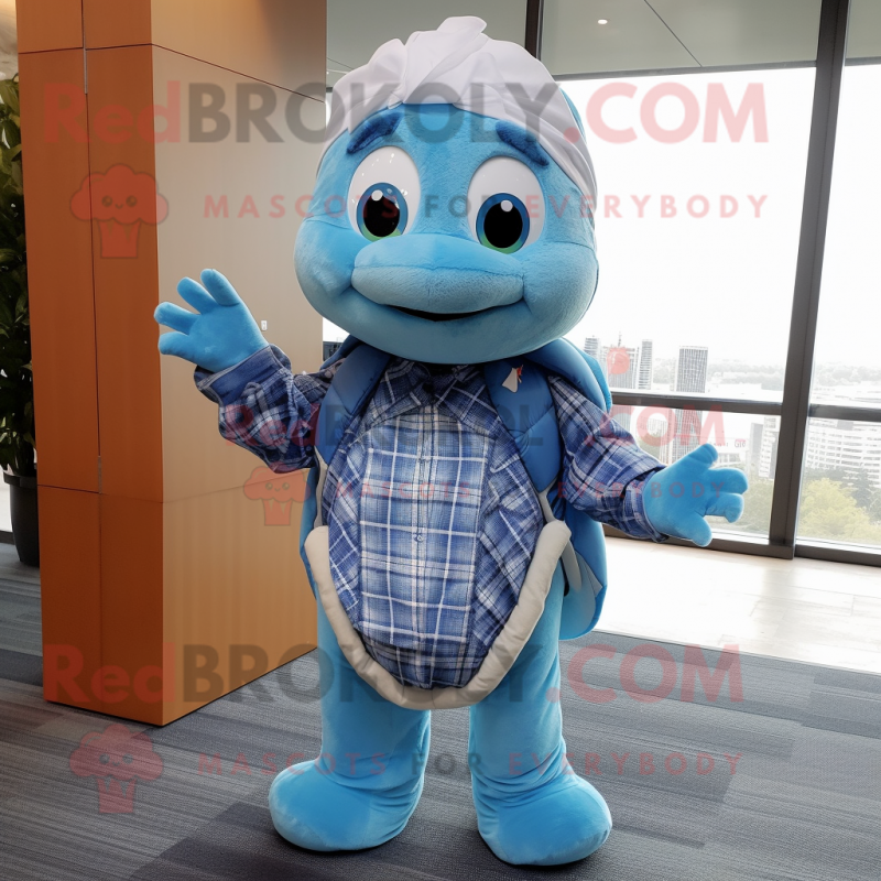 Sky Blue Turtle mascot costume character dressed with a Flannel Shirt and Headbands