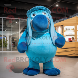 Blue Walrus mascot costume character dressed with a Romper and Beanies