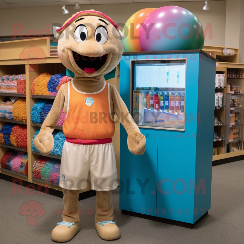 Tan Gumball Machine mascot costume character dressed with a Board Shorts and Headbands