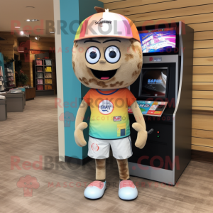 Tan Gumball Machine mascot costume character dressed with a Board Shorts and Headbands