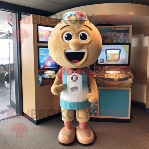 Tan Gumball Machine mascot costume character dressed with a Board Shorts and Headbands