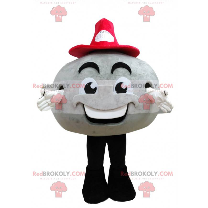 Mascotte de bonhomme rond gris avec un chapeau rouge -