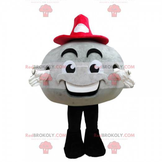 Gray round snowman mascot with a red hat - Redbrokoly.com