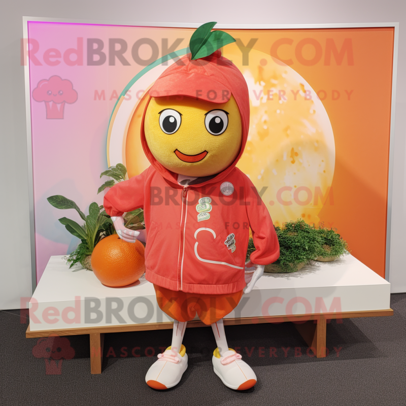 Peach Grapefruit mascot costume character dressed with a Rash Guard and Shawl pins Peach Grapefruit mascot costume character dressed with a Rash Guard and Shawl pins