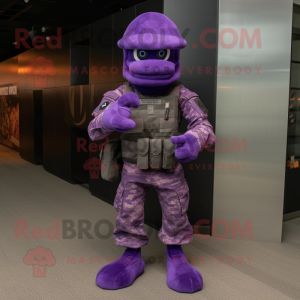 Purple American Soldier mascot costume character dressed with a Vest and Foot pads