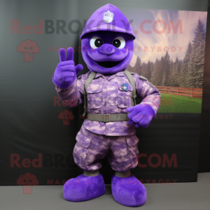 Purple American Soldier mascot costume character dressed with a Vest and Foot pads