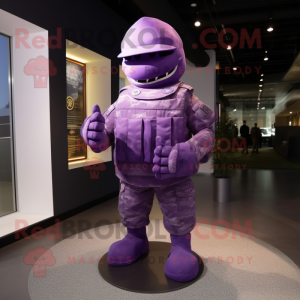 Purple American Soldier mascot costume character dressed with a Vest and Foot pads