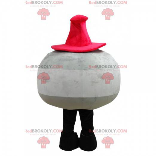 Mascota de muñeco de nieve redondo gris con un sombrero rojo -