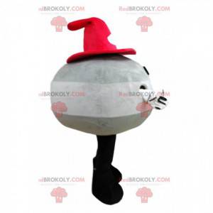 Grijze ronde sneeuwpopmascotte met een rode hoed -