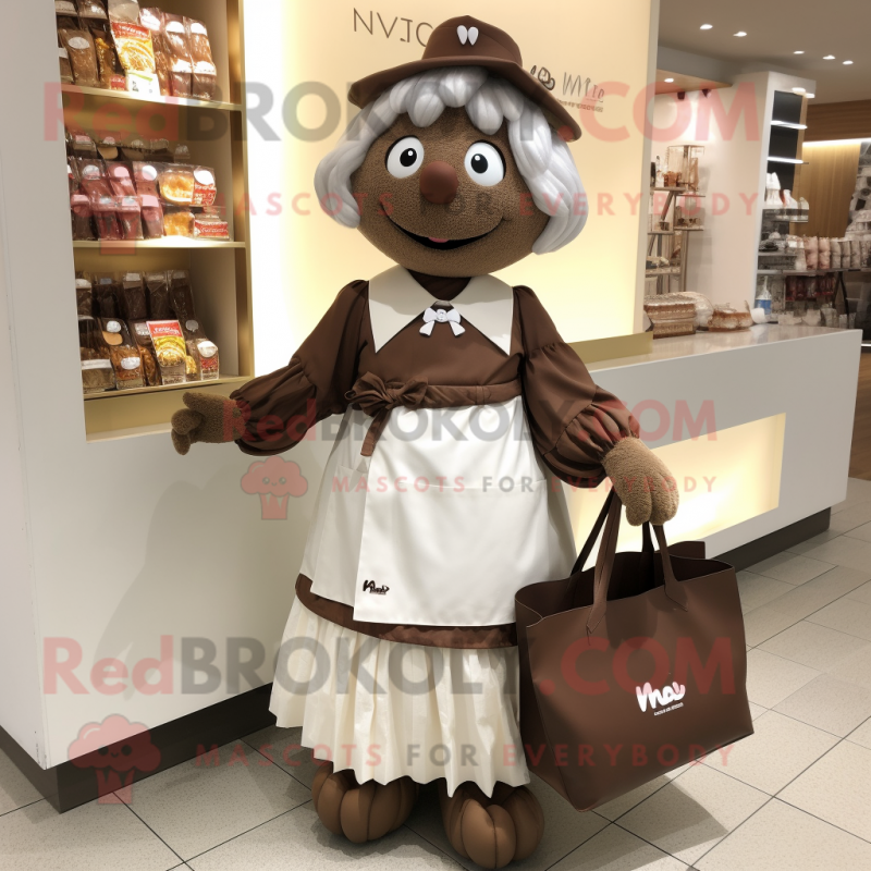 nan Chocolates mascot costume character dressed with a Pleated Skirt and Tote bags nan Chocolates mascot costume character dressed with a Pleated Skirt and Tote bags