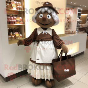 nan Chocolates mascot costume character dressed with a Pleated Skirt and Tote bags