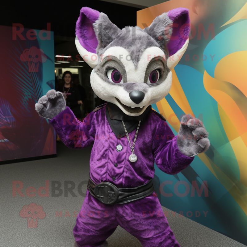 Purple Civet mascot costume character dressed with a Long Sleeve Tee and Cummerbunds Purple Civet mascot costume character dressed with a Long Sleeve Tee and Cummerbunds