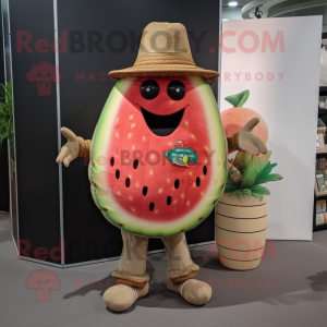 Tan Watermelon mascot costume character dressed with a V-Neck Tee and Necklaces