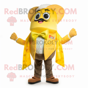 Yellow Tacos mascot costume character dressed with a Jacket and Bow ties