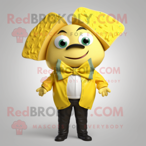 Yellow Tacos mascot costume character dressed with a Jacket and Bow ties