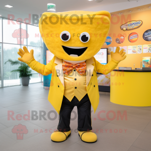 Yellow Tacos mascot costume character dressed with a Jacket and Bow ties