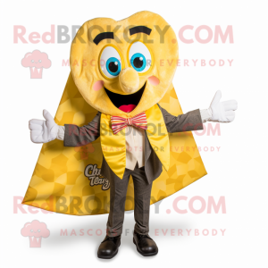 Yellow Tacos mascot costume character dressed with a Jacket and Bow ties