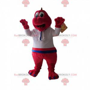 Mascota dinosaurio fucsia con camisa blanca - Redbrokoly.com