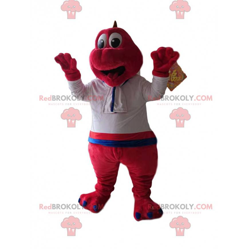 Fuchsia dinosaur mascot with a white shirt - Redbrokoly.com