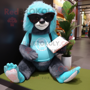 Cyan Sloth Bear mascot costume character dressed with a Yoga Pants and Reading glasses