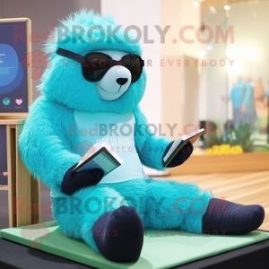Cyan Sloth Bear mascot costume character dressed with a Yoga Pants and Reading glasses