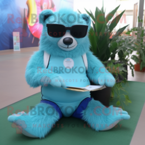 Cyan Sloth Bear mascot costume character dressed with a Yoga Pants and Reading glasses