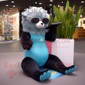 Cyan Sloth Bear mascot costume character dressed with a Yoga Pants and Reading glasses