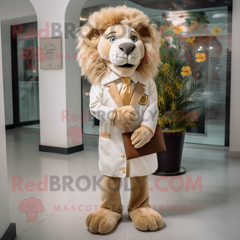Tan Lion mascot costume character dressed with a Culottes and Pocket squares Tan Lion mascot costume character dressed with a Culottes and Pocket squares