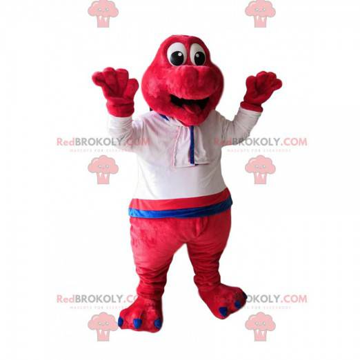 Mascote dinossauro fúcsia com camisa branca - Redbrokoly.com