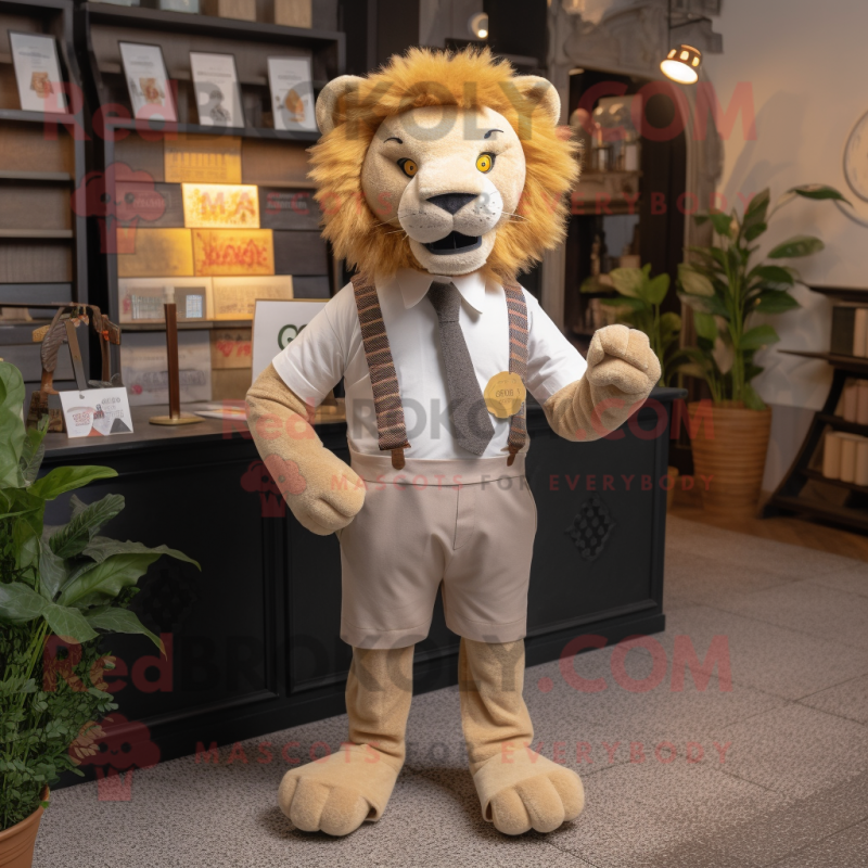 Tan Lion mascot costume character dressed with a Culottes and Pocket squares