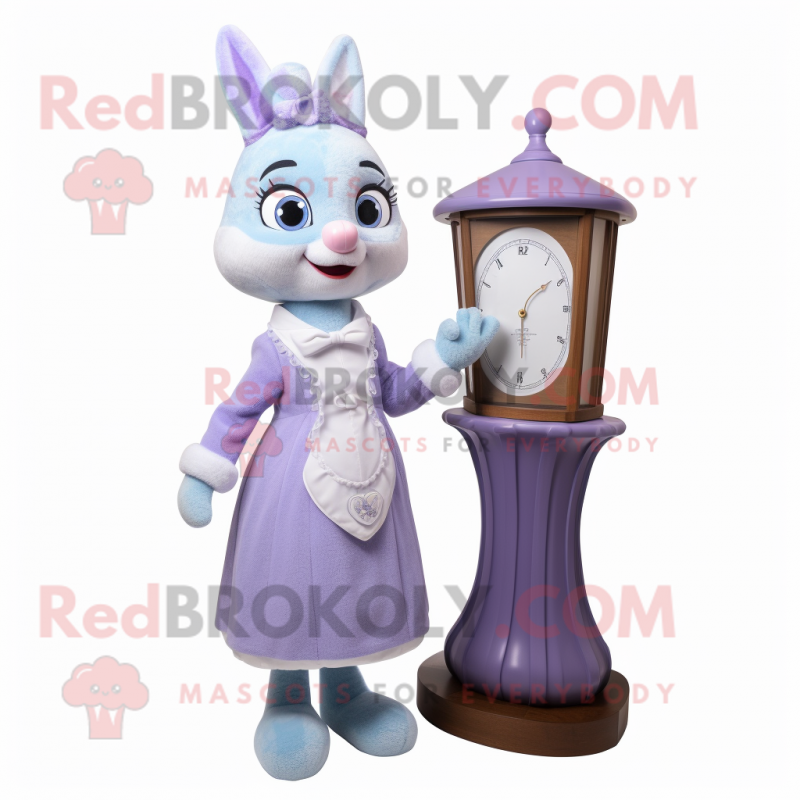 Lavender Hourglass mascot costume character dressed with a A-Line Dress and Mittens Lavender Hourglass mascot costume character dressed with a A-Line Dress and Mittens