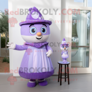 Lavender Hourglass mascot costume character dressed with a A-Line Dress and Mittens