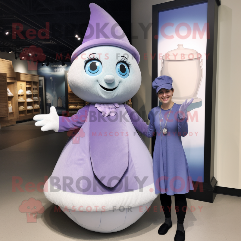 Lavender Hourglass mascot costume character dressed with a A-Line Dress and Mittens