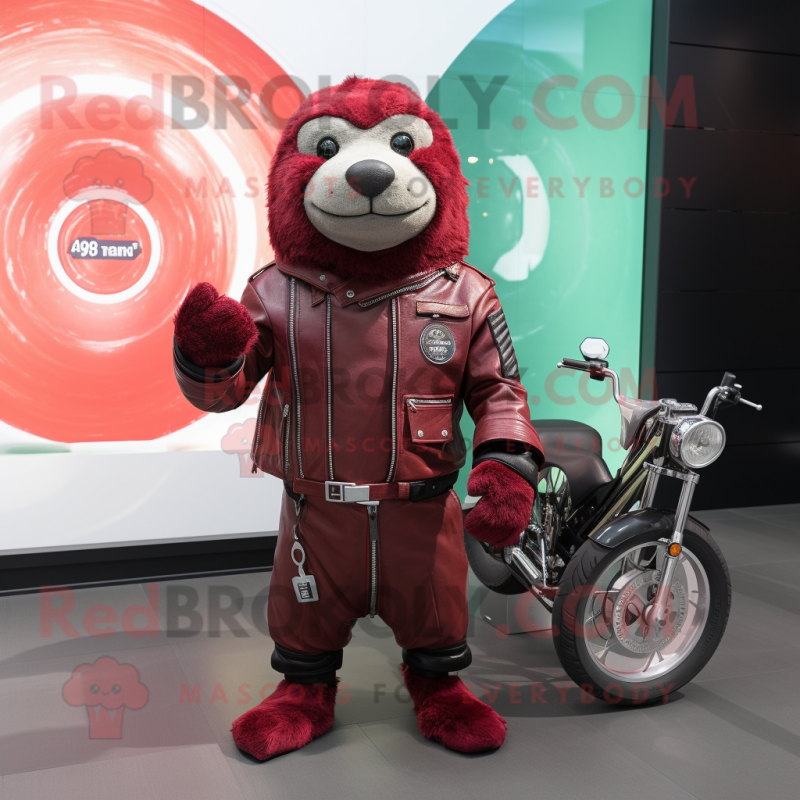 Maroon Seal mascot costume character dressed with a Biker Jacket and Digital watches Maroon Seal mascot costume character dressed with a Biker Jacket and Digital watches