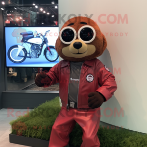 Maroon Seal mascot costume character dressed with a Biker Jacket and Digital watches