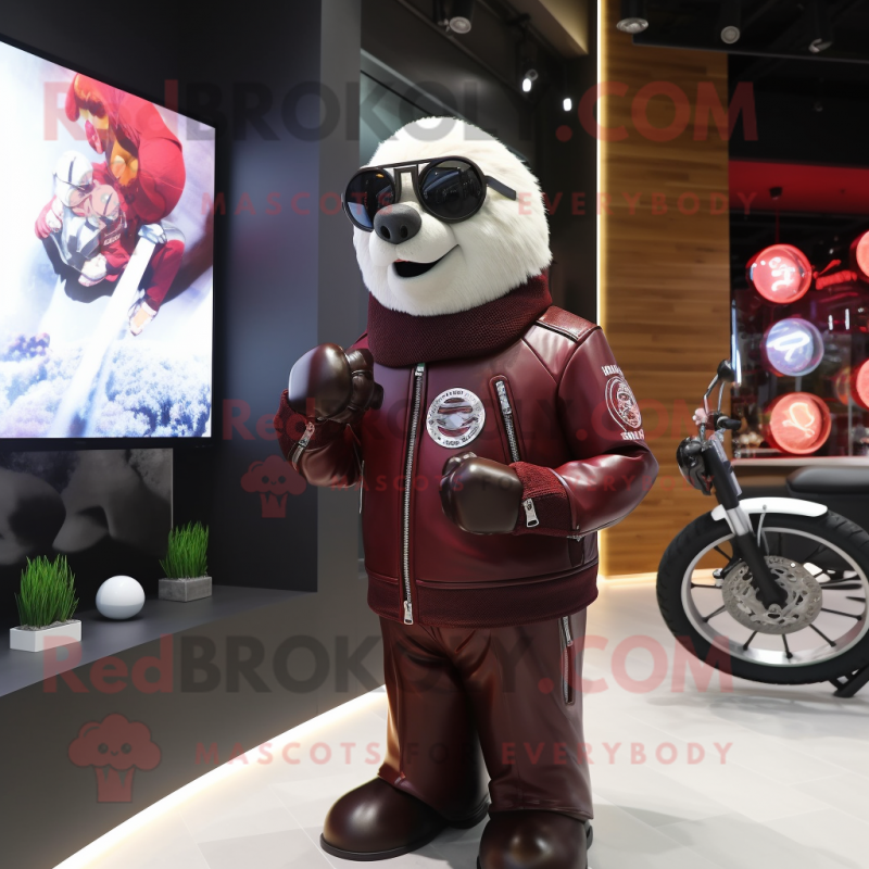 Maroon Seal mascot costume character dressed with a Biker Jacket and Digital watches