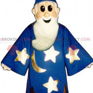La mascota Merlín el mago hechicero con un vestido azul -