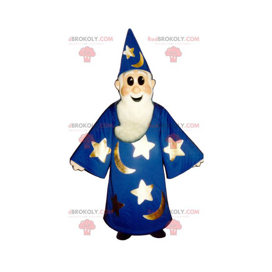 Mascot Merlin the sorcerer wizard with a blue dress -