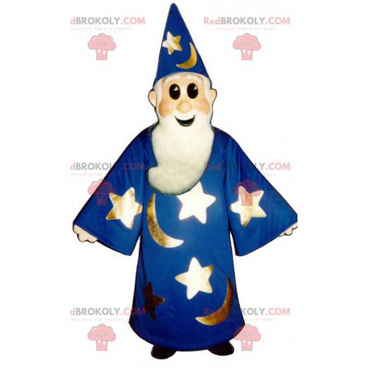 La mascota Merlín el mago hechicero con un vestido azul -