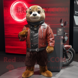 Maroon Seal mascot costume character dressed with a Biker Jacket and Digital watches