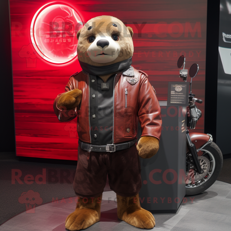 Maroon Seal mascot costume character dressed with a Biker Jacket and Digital watches Maroon Seal mascot costume character dressed with a Biker Jacket and Digital watches
